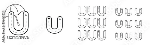 Letter U trace uppercase and lowercase ABC alphabet worksheet for kids English vocabulary. Handwriting tracing practice vector illustration