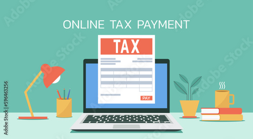 online tax payment concept on laptop with electronic receipt or invoice paper document, vector flat illustration