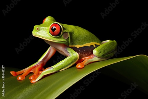 red-eyed frog perched on a vibrant green leaf. Generative AI