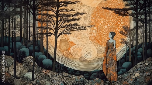Painting of woman in the forest