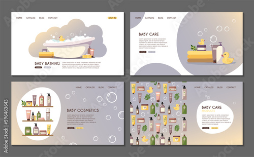 Set of web pages with cosmetics and hygiene products for baby care. Baby bathing, baby care, baby cosmetics, baby care products. Shampoo, gel, oil, cream. Baby skin care. Stock vector illustration.