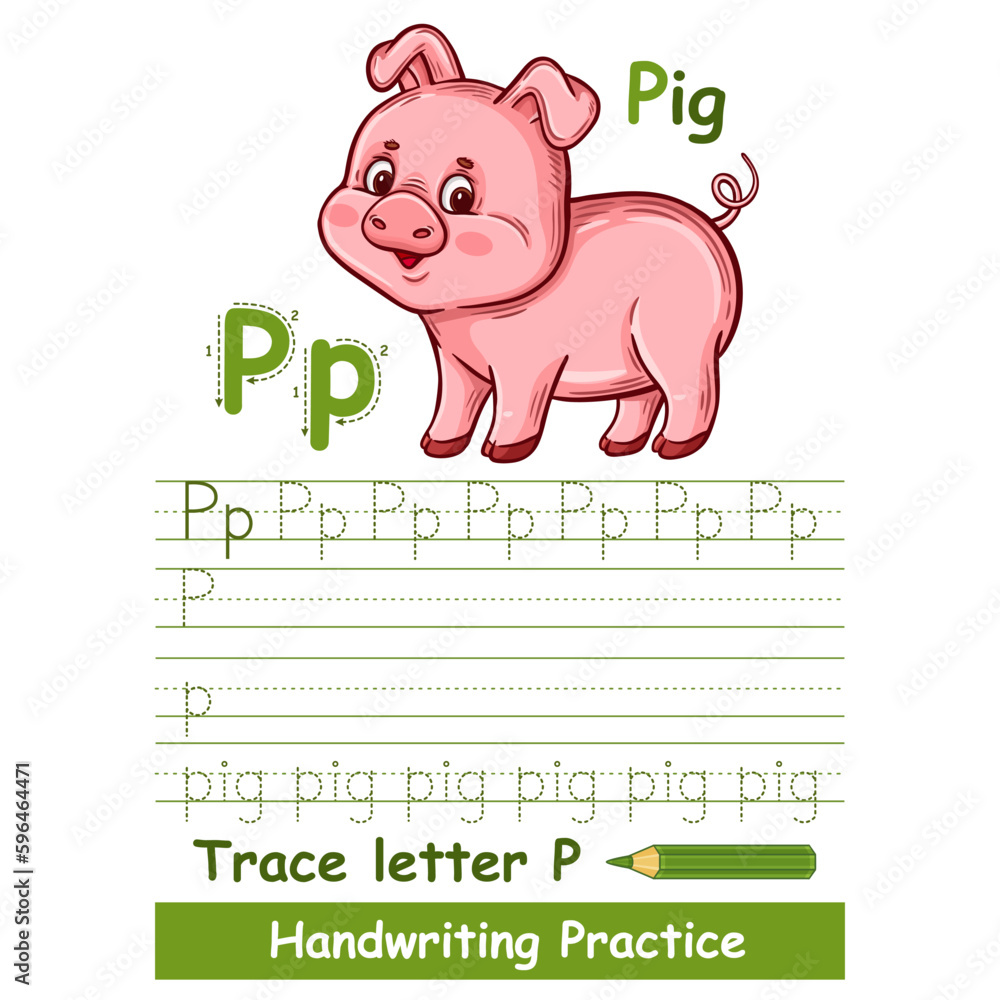 Alphabet trace letter P handwriting vocabulary practice worksheet, cute