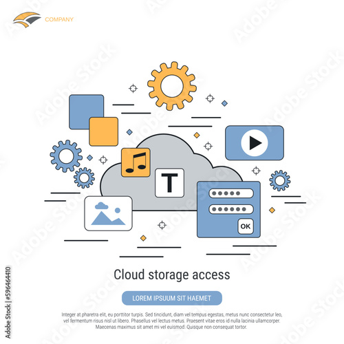 Cloud storage access, internet security, data protection, account privacy flat contour style vector concept illustration