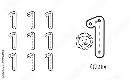 Number One trace practice worksheet for prek kids and toddlers. Handwriting preschool kindergarten tracing vector illustration