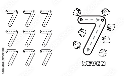 Number Seven trace practice worksheet for prek kids and toddlers. Handwriting preschool kindergarten tracing vector illustration