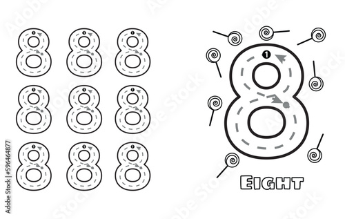 Number Eight trace practice worksheet for prek kids and toddlers. Handwriting preschool kindergarten tracing vector illustration