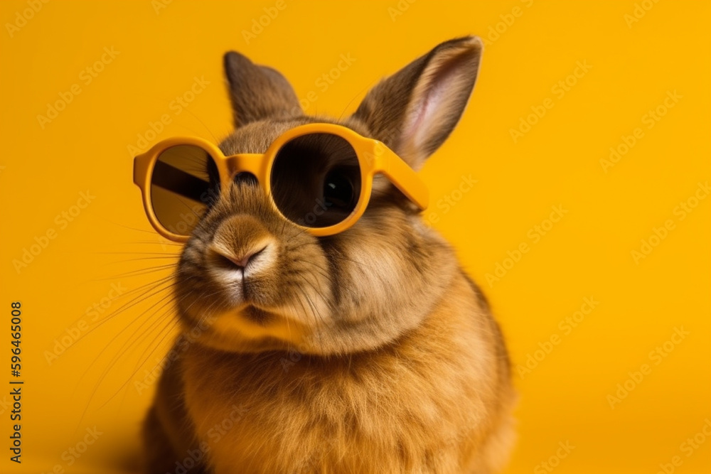 Fluffy rabbit with funny sunglasses on yellow background isolated. Cute animal pet with glasses concept. Ai generated Fluffy rabbit with funny sunglasses on yellow background isolated. Cute animal pet with glasses concept. Ai generated