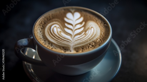 Cappuccino with a frothy milk foam shaped into a heart, leaf, or other pattern