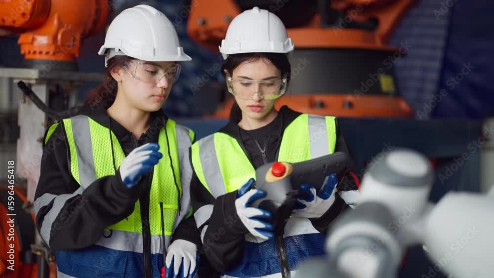Skilled Technician Monitoring and Adjusting Industrial Robot in Advanced Manufacturing Facility. Skilled Technician Monitoring and Adjusting Industrial Robot in Advanced Manufacturing Facility.