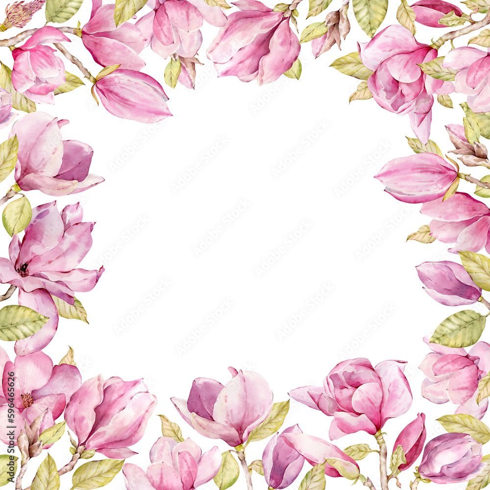 Watercolor pink magnolia square frame. Spring beautiful flowers. Floral template