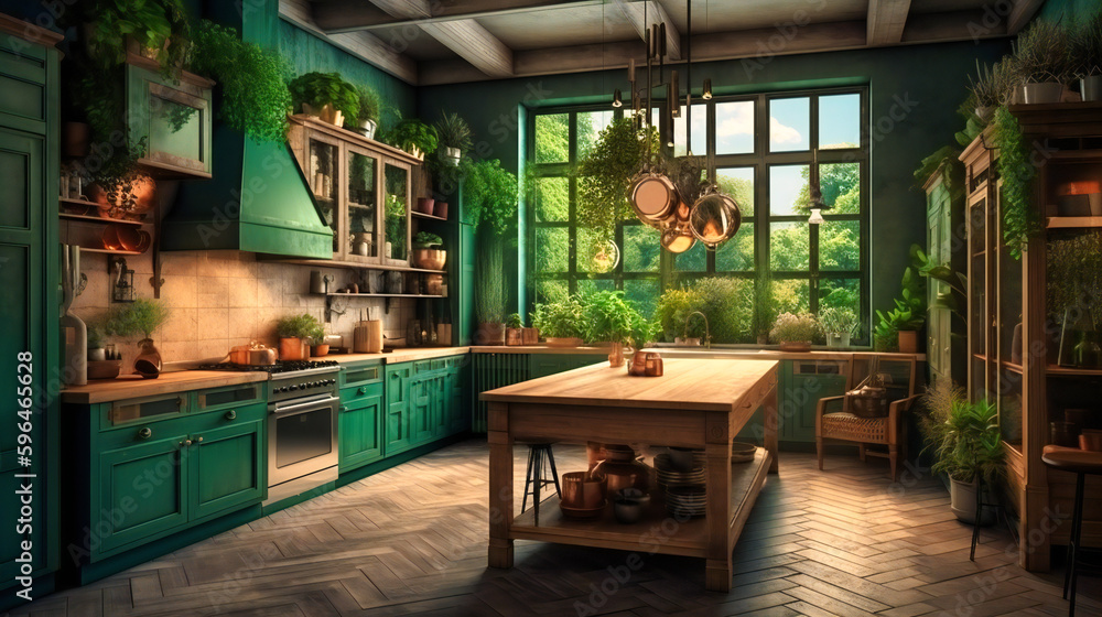 A green kitchens with wooden cabinets and potted trees A green kitchens with wooden cabinets and potted trees