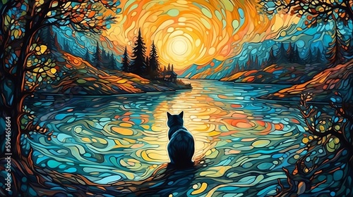 illustration of a cat on the shore of a lake looking at the sky