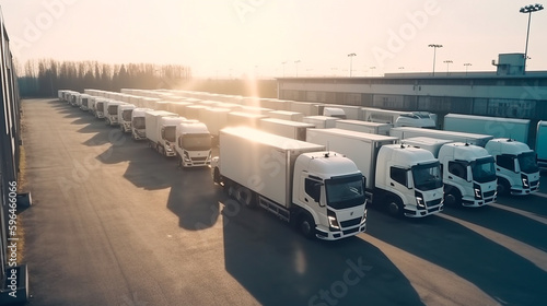 Fleet of company electric vehicles charging in the logistic hall center. Generative AI photo