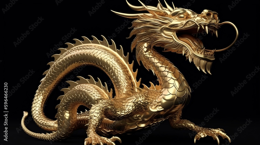 Fototapeta premium Full body gold dragon in bend body pose with 3d rendering include alpha path, Generative Ai