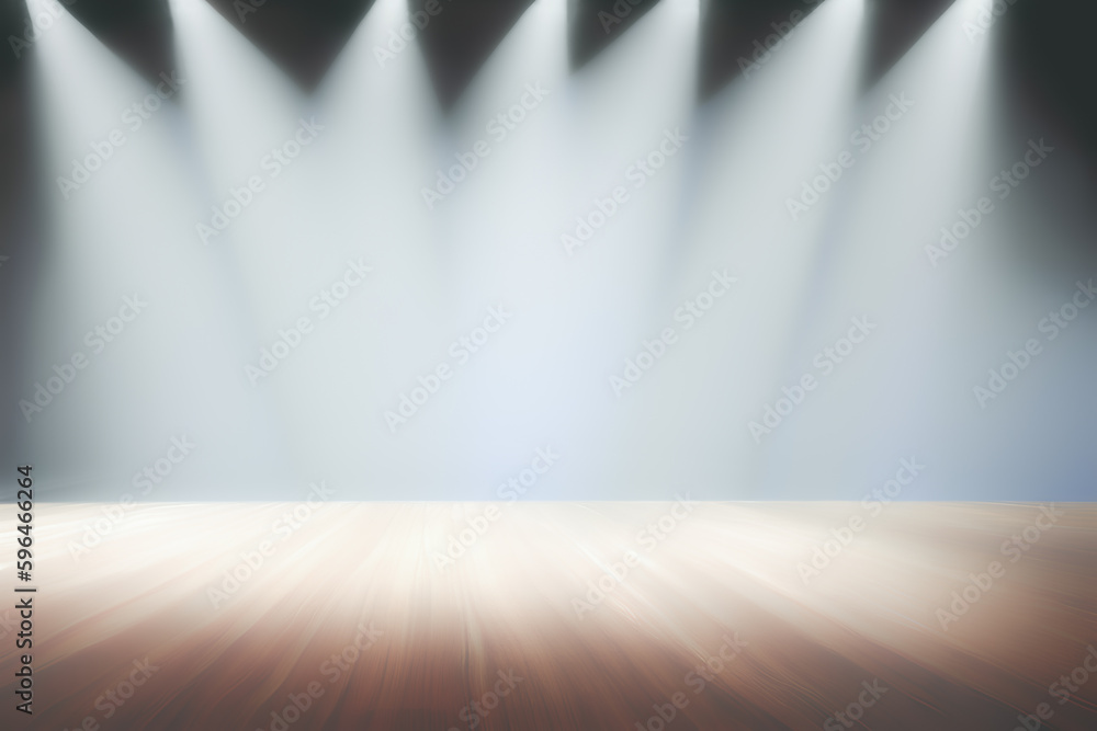 Obraz premium Stage illuminated lights with spotlight. Stage show empty scene, light rays and smoke. Grey showcase for product display