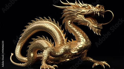 Full body gold dragon in bend body pose with 3d rendering include alpha path, Generative Ai