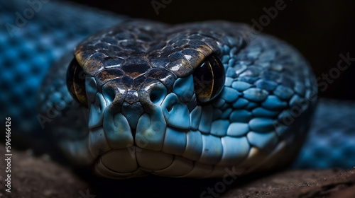 Blue viper snake closeup face, Generative Ai