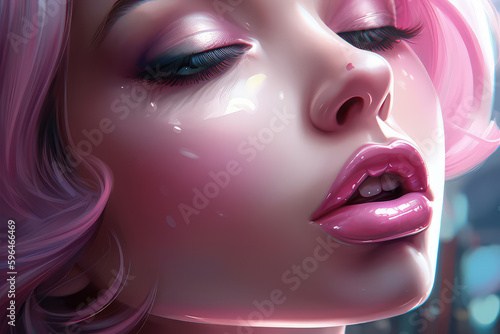 close up beautiful sexy lips  moist and glossy  pin up girl in bright make-up  smooth  generative ai
