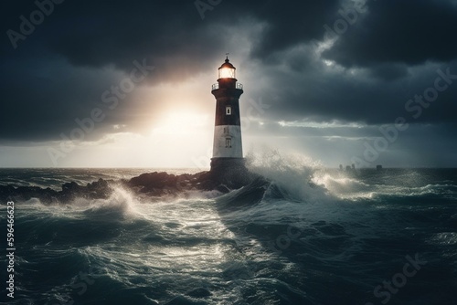 A distant view of a slender lighthouse in stormy weather, with a powerful beam of light shining from its center. Generative AI