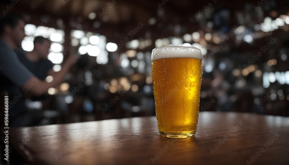 Cooled glass of beer with condensate on the wooden table at the bar. Blurred bar at the background Generative AI Cooled glass of beer with condensate on the wooden table at the bar. Blurred bar at the background Generative AI