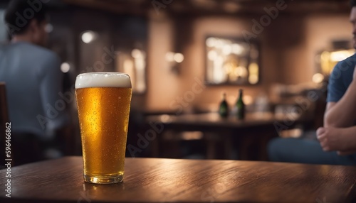 Cooled glass of beer with condensate on the wooden table at the bar. Blurred bar at the background Generative AI