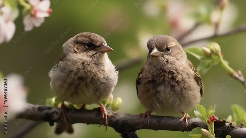 small funny Sparrow Chicks sit in the garden surrounded by pink Apple blossoms on a Sunny may day, Generative Ai