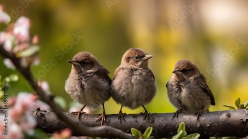 small funny Sparrow Chicks sit in the garden surrounded by pink Apple blossoms on a Sunny may day, Generative Ai