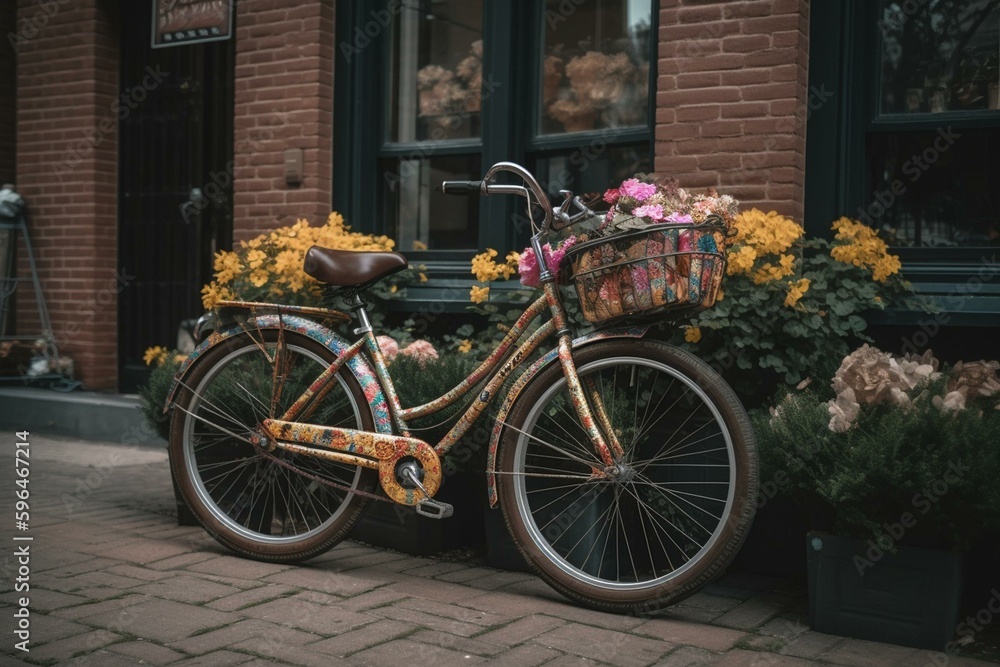 A flowery bike in front of brick building with brick sidewalks. Generative AI