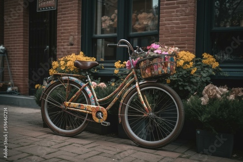 A flowery bike in front of brick building with brick sidewalks. Generative AI
