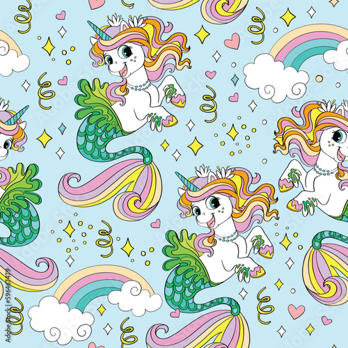 Seamless pattern with lovely sea unicorns mermaids vector