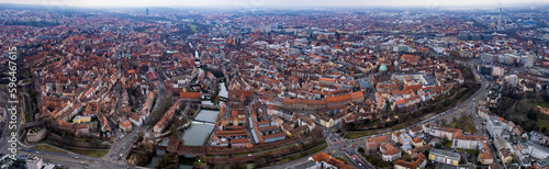 Aerial view of the city Nürnberg on a sunny day in late winter 