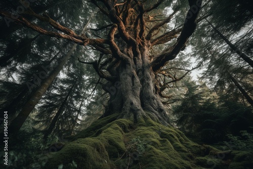 Stunning supernatural coniferous tree in forest. Generative AI © Olivia