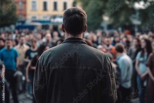 The back of the person speaking, blurred background a crowd of spectators. AI generative © SANGHYUN