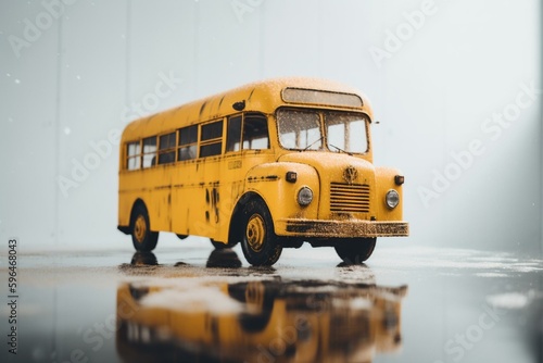 Old yellow school bus on white watercolour background. Generative AI