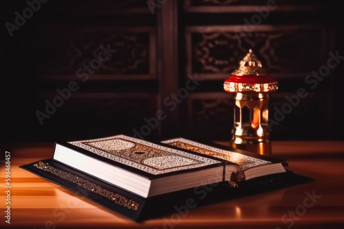 Quran the holy book of Islam mosque. Muslim book in mosque. Religious literature and prayers. Generative AI