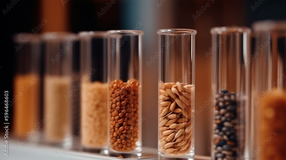 Plant seeds in test tubes for genetics research. Laboratory Analysis of Agricultural Commodities. Generative AI - obrazy, fototapety, plakaty 