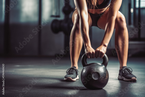 Female kettle bell lift. Olympic weights in black. Closeup of kettle bell in gym. Generative AI