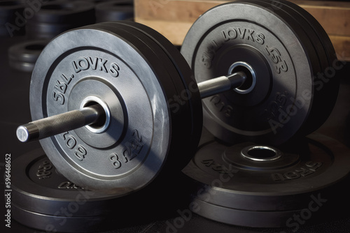 Olympic weights in black. Closeup of barbell in gym. Generative AI