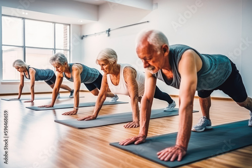Senior people fitness and plank with personal trainer. Group of senior people exercising together in studio. Generative AI.