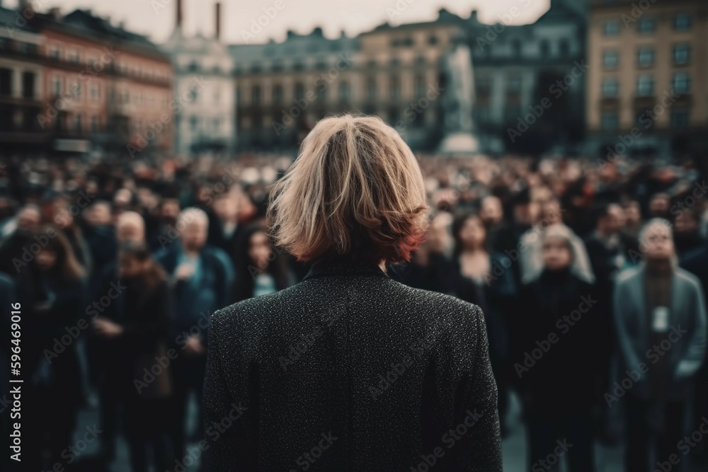 The back of the person speaking, blurred background a crowd of spectators. AI generative The back of the person speaking, blurred background a crowd of spectators. AI generative