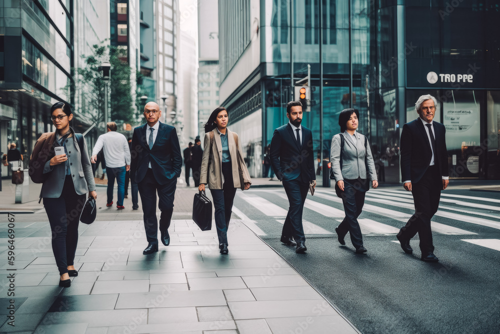 Business people walking in business district in New York. Big city modern lifestyle, working in busy district. Generative AI Business people walking in business district in New York. Big city modern lifestyle, working in busy district. Generative AI