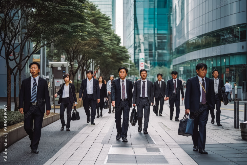 Obraz premium Business people walking in business district in Tokyo. Big city modern lifestyle, working in busy district. Generative AI