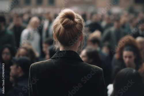 The back of the person speaking, blurred background a crowd of spectators. AI generative © SANGHYUN