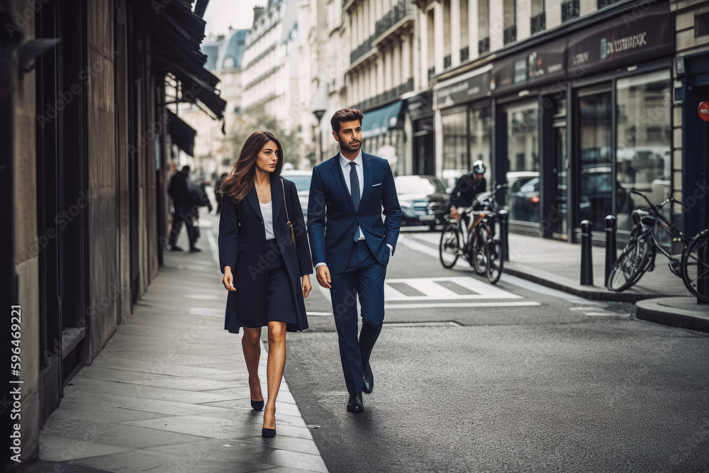 Business man and woman walking in business district in Europe. Big city modern lifestyle, working in busy district. Generative AI