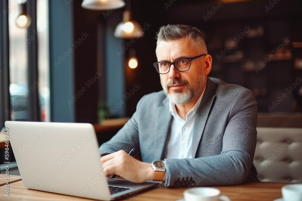 Confident businessman executive in casual clothes working on laptop. Man sitting behind desk and working on computer. Generative AI.
