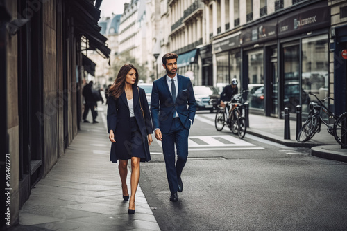 Business man and woman walking in business district in Europe. Big city modern lifestyle, working in busy district. Generative AI