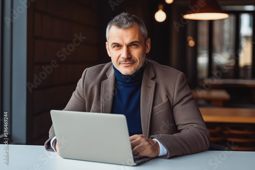 Confident businessman executive in casual clothes working on laptop. Man sitting behind desk and working on computer. Generative AI.