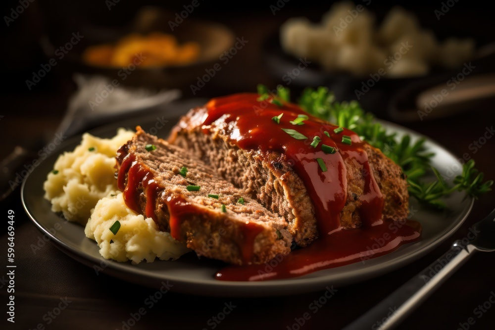 meatloaf with sauce vegetables and herbs on a wooden board. Rustic Style. Generative AI meatloaf with sauce vegetables and herbs on a wooden board. Rustic Style. Generative AI
