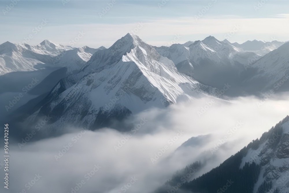 mountain range hidden in clouds. Generative AI