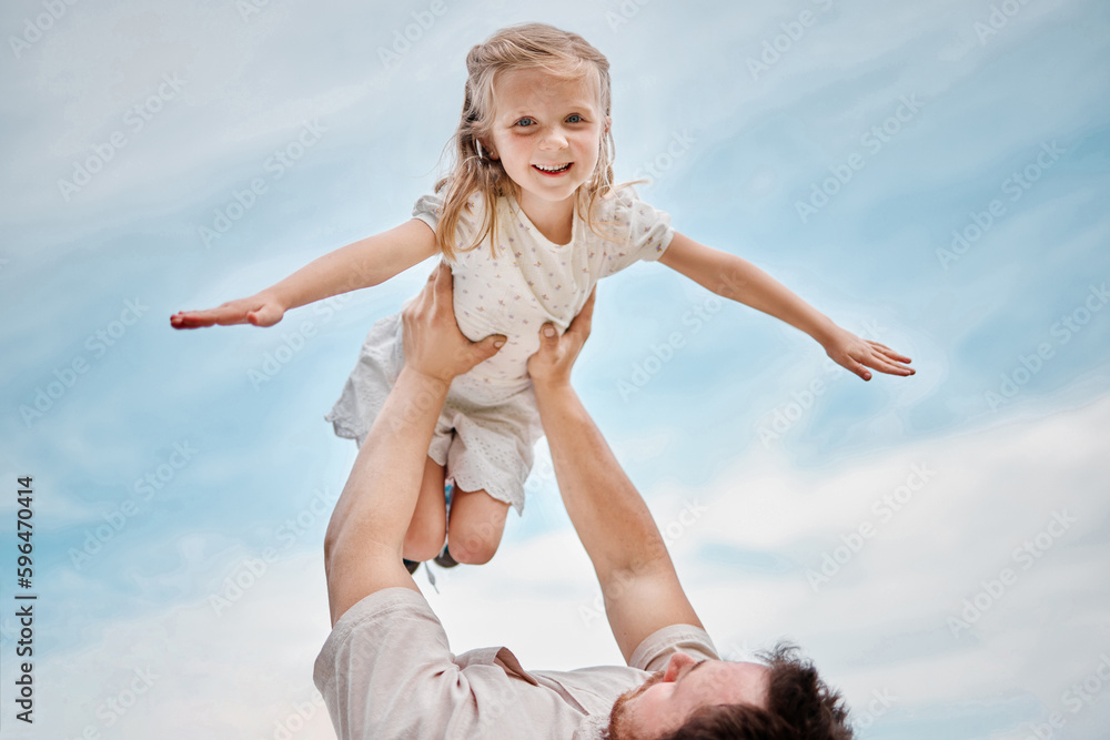 Adorable little blonde girl playing outside with her father against a clear blue sky. Cute female child smiling and bonding with her dad outdoors during summer. Having so much fun with his daughter Adorable little blonde girl playing outside with her father against a clear blue sky. Cute female child smiling and bonding with her dad outdoors during summer. Having so much fun with his daughter